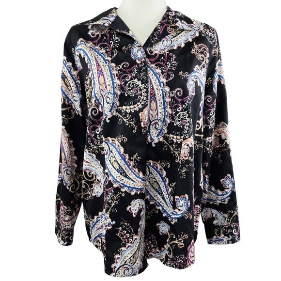 Chico's 100% No Iron Black Paisley Hidden Button-Up Shirt Boho Office - Picture 1 of 9